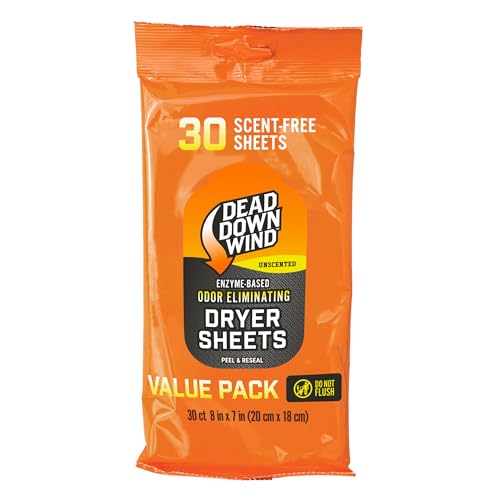 DEAD DOWN WIND Scent Killing Dryer Sheets (30Ct) Odor Removing Sheet Durable Hunting Scent Eliminators Advanced Hunting Laundry Gear