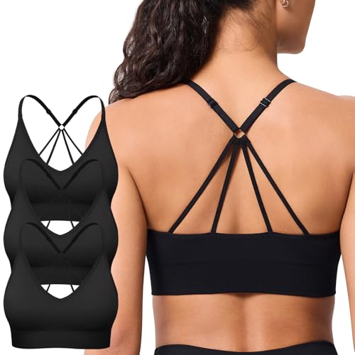 Strappy V Neck Sport Bra for Women, Multipack Padded Seamless Wireless Supportive Racerback Criss Cross Workout Yoga Bra Pack
