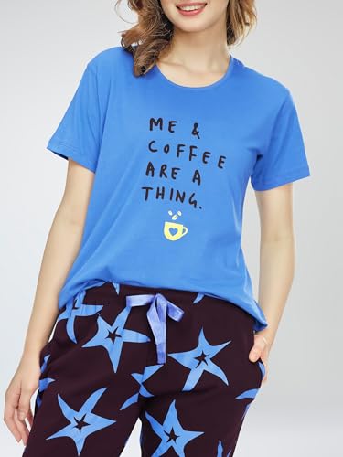Image of ZEYO Night Suit for Women's Star Printed Cotton Night Dress of Top and Capri Set 5746