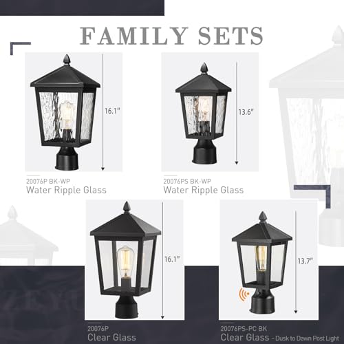 Image of zeyu Large Lamp Post Light Fixture, 16.1 Inch Outdoor Post Lamps for House Garden, Die-Cast Aluminum with Water Ripple Glass, Black Finish, 20076P BK-WP