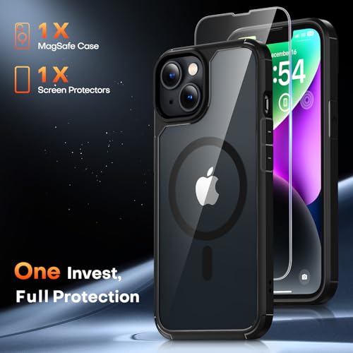 Image of TAURI for iPhone 14 Case, Compatible with MagSafe, Black | with Screen Protector, Not-Yellowing Military-Grade Protection, Shockproof Slim Magnetic Case for iPhone 14