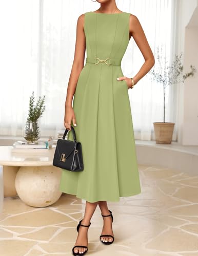 Image of ZESICA Women Summer Sleeveless Midi Dresses 2026 Elegant Boat Neck A Line Tie Waist Spring Cocktail Party Dress