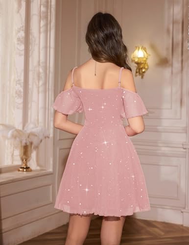 Image of Meetjen Women's Short Cocktail Dresses for Teens Formal Homecoming Sparkly Off Shoulder Tulle Sequin Prom Party Dress