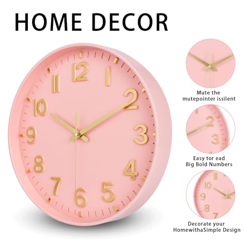 Image of HZDHCLH Wall Clocks Battery Operated,Wall Clock Pink Gold 12 inch Wall Clock Silent Non Ticking Modern 3D Numbers for Office Kitchen Classroom Bedroom Living Room Decor