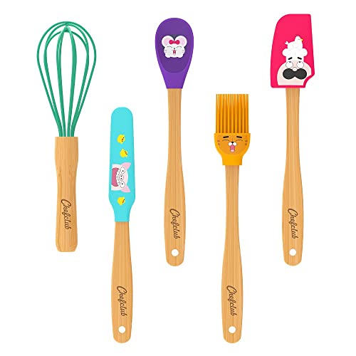 Chefclub Kids - Kit de Mini-Ustensiles de Cuisine pour Enfants - 5 Pièces : Fouet, Spatule, Maryse, Pinceau, Cuillère - Manches en Bambou, Têtes en Silicone...