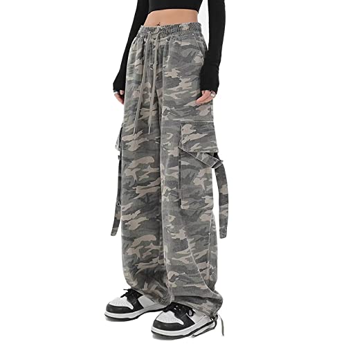 HNVAVQ Streetwear Cargo Pants Women Y2K Straight Casual Loose Baggy Work Trousers Vintage, Camo, S