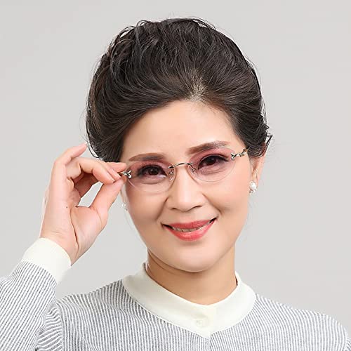 Modne, retro damskie okulary do czytania bez oprawek, progresywne, wieloogniskowe z wycięciami na zausznikach (kolor: fioletowy, rozmiar: 3,0 x)