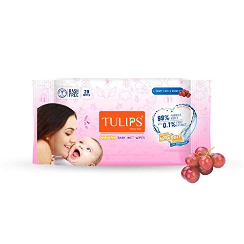 Tulip sentitive baby wet wipes, combo pack of 2 (20 Wipes x 2 Packs), 99% Purified water with 0.1% Grape fruit extract