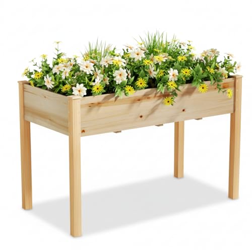 Green Fingers Elevated Raised Garden Bed Outdoor Planter, 120 x 60x 80cm Wooden Standing Planter Box with Legs for Patio, Balcony, Wood Container for Vegetables, Flowers, Herbs, Garden Kit, No Bending
