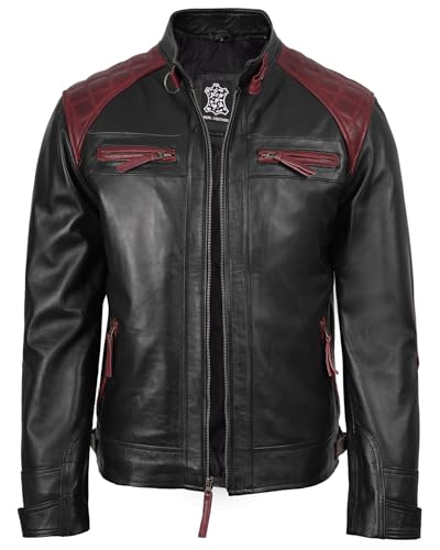 Image of fjackets Mens Leather Jacket Moto Style Real Lambskin Leather Jacket, Quilted Cafe Racer Classic Zip Up Biker Jacket for Men