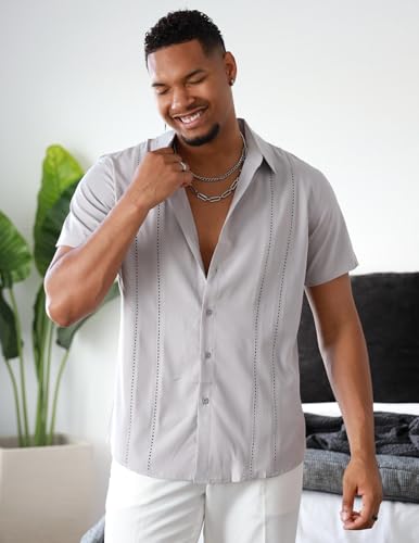 Image of COOFANDY Mens Cuban Guayabera Shirt Short Sleeve Button Down Shirts Summer Beach Vacation Shirts