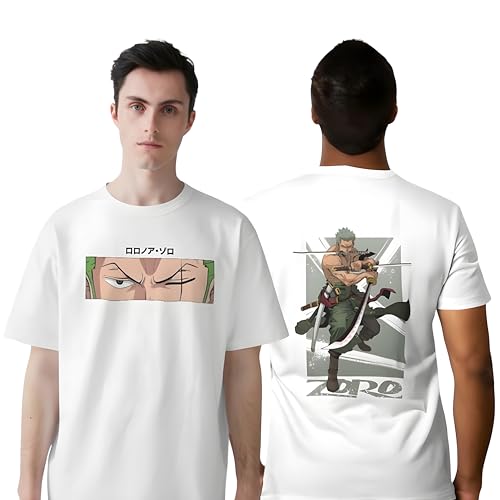Image of One Piece Zoro Anime T-Shirt, Front and Back Print, White, Comfortable Fit, Unisex