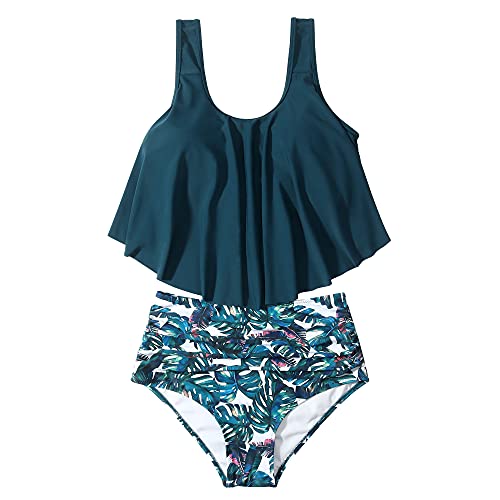 Image of OMKAGI Women's Ruffle Bikini Swimsuit High Waisted Bottom Plus Size Swimwear Tankini