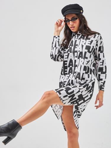 Bewakoof Women's All Over Printed Oversized Fit Full Sleeve Collared Cotton Twill Dress 603366 White L