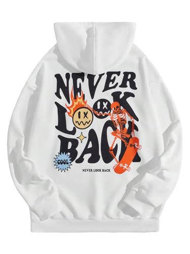 COZYEASE Men's Graphic Letter Print Drawstring Street Hoodies Oversized Vintage Long Sleeve Sweatshirts White L