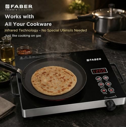 Image of Faber 2200W Infrared Cooktop Stove with Grill Rack for Barbecue| Crystal Glass Plate| Digital Display| 3 Preset Cooking Modes| Touch Control| Infrared Hot Plate| FIP EMBER PRO22 INFRARED