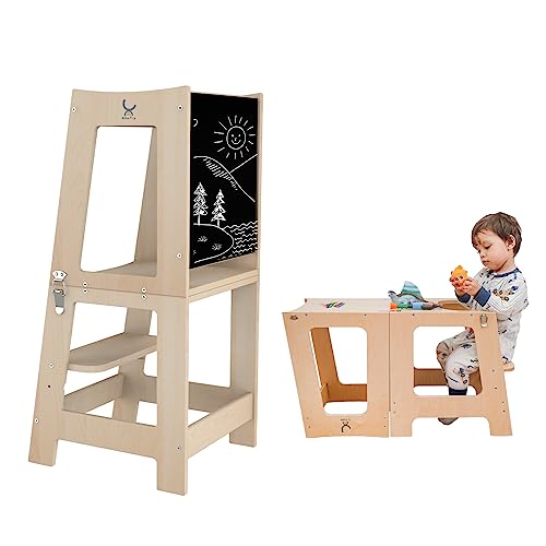 Image of XIHAToy 3-in-1 Standing Tower for Kids Kitchen Tower for Toddlers Children Kids Stool Helper Folded Step-Up Toddler Helper with Chalkboard (Natural)