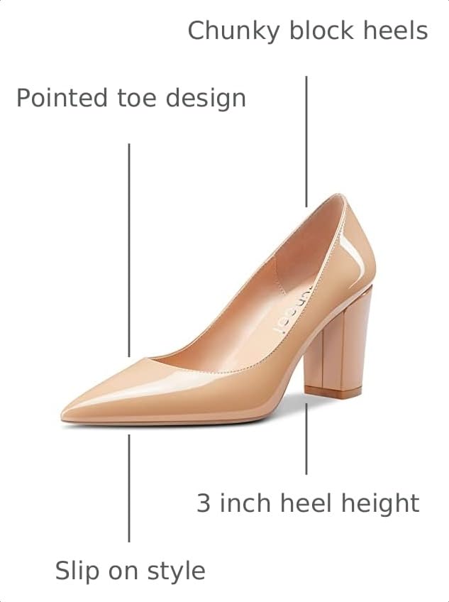 Image of Aachcol Women Pumps Pointed Toe Slip on Mid Heel Dress Office Chunky Block Heels Shoes 3 Inches