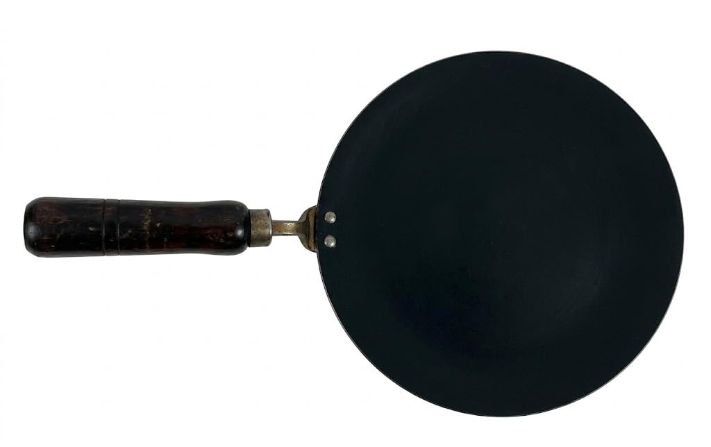 RSK Goods Iron Tawa Pan with Wooden Handle 24–32cm – Traditional Indian Roti, Chapati, Dosa Flatbread Pan, Pure Iron Cooking Griddle (32cm)
