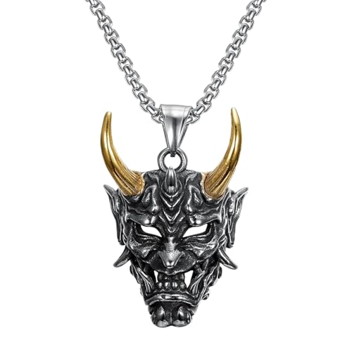 Collier crâne homme au style vintage japonais et pendentif masque de démon