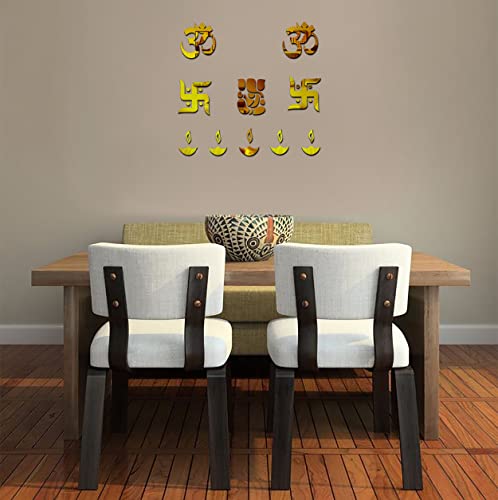 Image of VAH-Kya Bat Hai !! Spiritual Vibrational Frequencies, Peace & Meditation Acrylic Wall Art Golden Colour Wall Mirror Sticker For Pooja Room, Living Room, Bed Room, Home Decor, Innovative Gift For Father, Mother,Brother, Sister ( Pack of 1 Ganesha, 2 OM, 2 Swastika, 5 Diya Arcylic Sticker)
