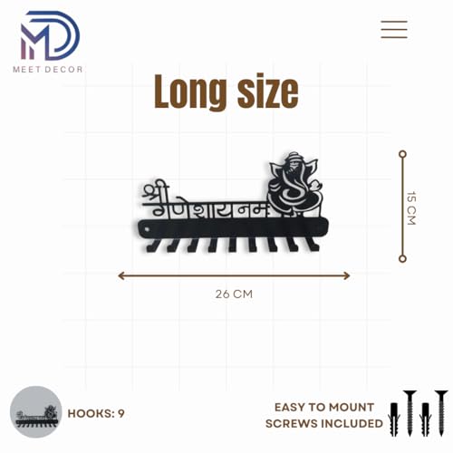 Image of Metal Key Holder for Wall with Beautiful Ganesh Design Art, 9 Hooks, Black Matte, Pre-Drilled Holes, Decorative Key Stand & Organizer