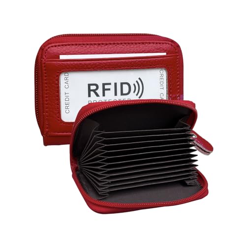 Genuine Leather RFID Blocking Mini Credit Card Case Security Travel Wallet With Removable Keychain ID Window for Men Women - Red