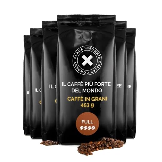 Caffè forte in grani Black Insomnia – Gusto pieno 6x453g I 100% robusta per caffè espresso I 4 volte più caffeina del caffè convenzionale I chicchi di caffè tostati in modo tradizionale