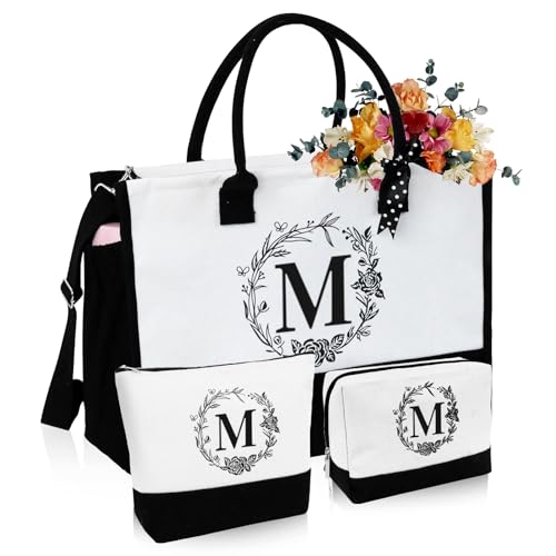 Initial Canvas Tote Bag, Birthday Gifts for Women, Monogrammed Beach Tote Bag for Mom Daughter Sister