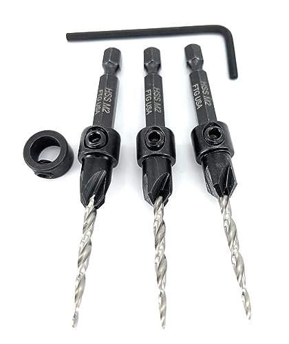 Image of FTG USA #6 (9 /64 inch) Wood Countersink Drill Bit 3-Pc Set with 3 /8 inch Depth Stop