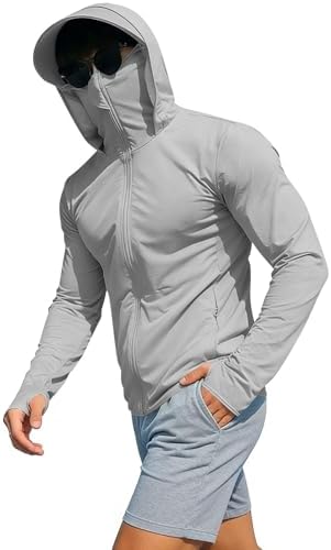 Sun Protection Fishing Shirts for Men UPF 50+ Long Sleeve Hoodie with Face Mask UV Rash Guard Quick Dry Hiking Shirt Full Zip Jacket Gray - 2