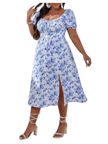 Floerns Women's Plus Size Floral Print Tie Front Square Neck Slit Hem Midi Dress