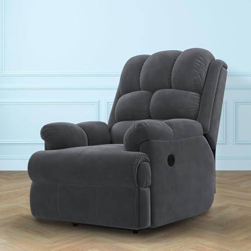 Image of Comfortable Single Seater Fabric Recliner Sofa Chair with Manual Push Back Mechanism & Extra Cushioning for Living Room, Color: Manu Grey