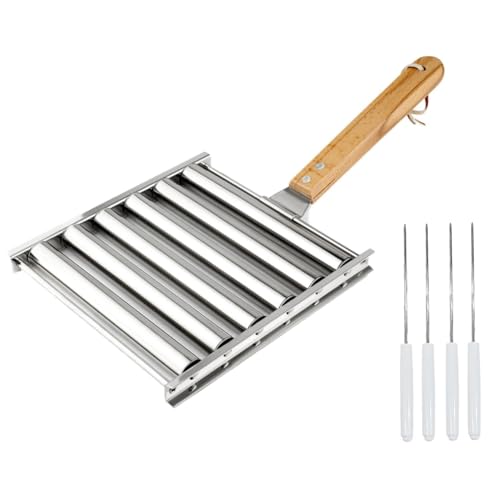 Srutueo Hotdog Roller Stainless Steel Sausage Roll Rack, Hot Dog Roller with Wooden Handle and 4 Hotdog Sticks Easy to Use