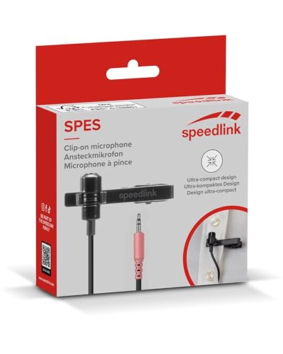 Speedlink SPES Ansteckmikrofon mit Kabel Klinke 3,5mm - Lavalier Mikrofon mit Klinkenstecker, Clip-On Mikrofon, Abnehmbarer Metall-Halteklipp, Rauschunterdrückung, schwarz