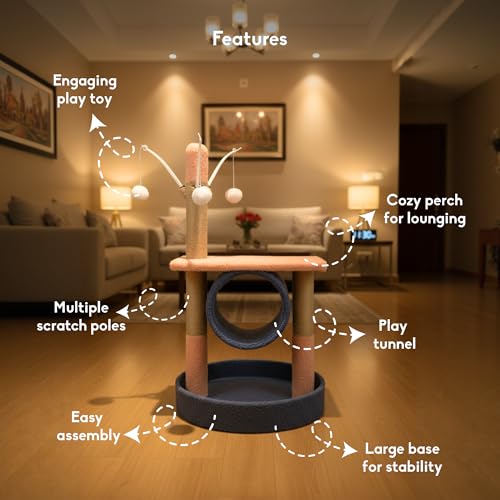 Image of Canyon Cat Tree for Indoor Cats | Cat Scratching Post with Tunnel, Toys & Top Perch | Cat Tower Furniture for Kittens & Cats | Multi-Level Cat Activity Tree | Soft Plush Base