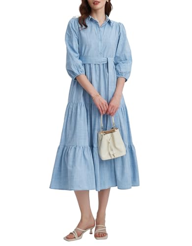 Kedera Womens 3/4 Sleeve Tiered Maxi Dresses Casual Button Down Tie Waist Flowy Shirt Midi Dresses Long Ruffle Sundress2