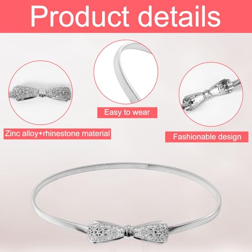 Silver Metal Cinch Belt, Bow-Knot Stretch Belt with Rhinestones, Elastic, 26-42.5 Inch, Women's Fashion Accessory3