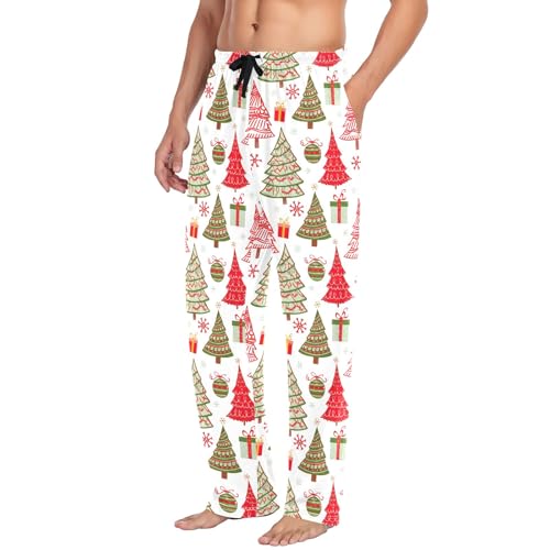 Men's Cotton Pajama Pants Sleep Pants with Pockets Comfy Pajama Bottoms, Vintage Christmas Trees White4