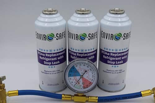 Vehicle AC Refrigerant | R134a Replacement | 3 Cans with Piercing Valve for AC Recharging, Brass Charging Gauge
