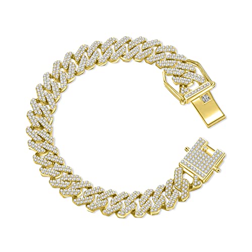 Hdmenc Mens Miami Cuban Link Chain Bracelet 12Mm Diamond Prong Cuban Chain 8 Inch Length Hip Hop Jewely With Gift Box (Gold, 8 Inch) #TOP13