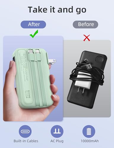 Image of RORRY Portable Charger w /Wall Plug 10000mAh Power Bank 22.5W Battery Pack | Built in Cables, Fast Charging, for iPhone, iPad, Samsung Galaxy, Pixel, LG, Travel Essential, Digital Display, Pocket Size