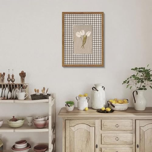 Image of Vintage White Tulips Framed Canvas Wall Art - Brown Gingham Botanical Painting Print, Rustic Farmhouse Floral Picture for Living Room Bedroom Nursery Office Home Decor 24x16 inch