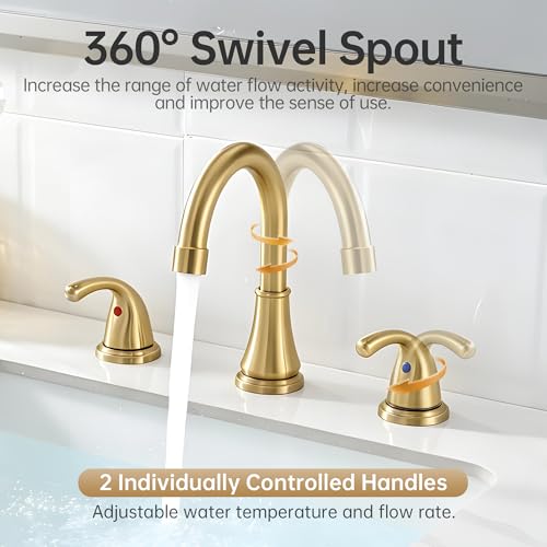Image of Bathroom Sink Faucet FRANSITON Centerset 8 Inch 2 Handle Bathroom Sink Faucet Lead-Free with Pop-up Drain Stopper and Supply Hoses (Brushed Gold, 8 Inch)