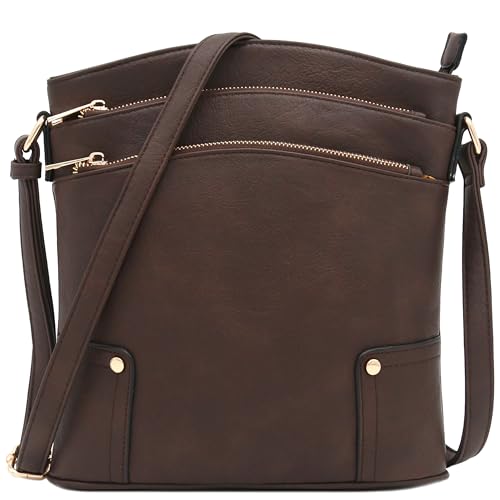 ALYSSA Triple Zip Pocket Large Crossbody Bag (Coffee)
