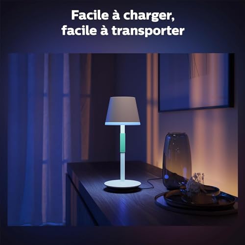 Philips White and Color Ambiance, lampe à poser portable Hue Go Portable Blanche, lampe connectée Philips Bluetooth, 370 lm, 16 m de couleurs, compatible Alexa, Google Assistant et Apple Homekit