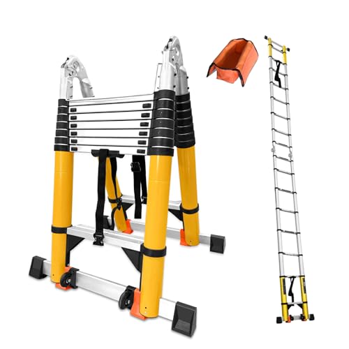 20FT A Frame Telescoping Ladder, Portable Type-A Collapsible Extension Ladder w. Double Balance Bars, Securing Straps, Wheels & Tools Bag, EN131 Certified Step Ladder (8+8Foot Step) (2025 Upgraded)
