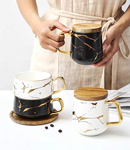 YBK Tech Taza de té de porcelana para té de la tarde – diseño de mármol (blanco, alto 400 ml + tapa de bambú) - Imagen 6