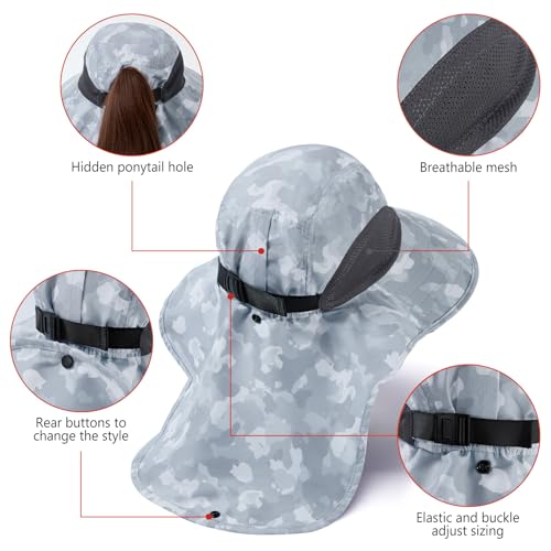 Image of BASSDASH UPF 50+ Unisex Water Resistant Wide Brim Sun Hat with Large Neck Flap Ponytail Fishing Hat for Men Women