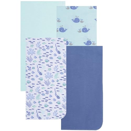 Image of EVERYDAY KIDS 4 Pack of Soft Flannel Receiving Baby Blanket Set for Boys; Blue Baby Swaddle Blankets for Newborn Baby Boy Nursery with Ocean Animals, Fish, Octopus, Whales, Turtles, Coral Prints